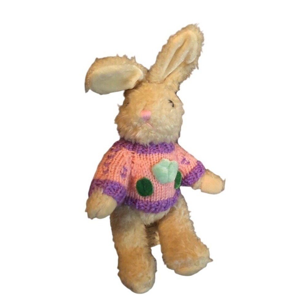 Vintage 1988 Chrisha Playful Plush Bunny Rabbit Pink Knit Sweater 10 Inch Tan
